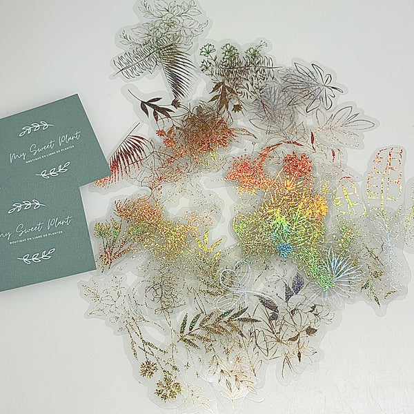 ✨ Lot de 80 autocollants dorés à paillettes – Plantes et fleurs